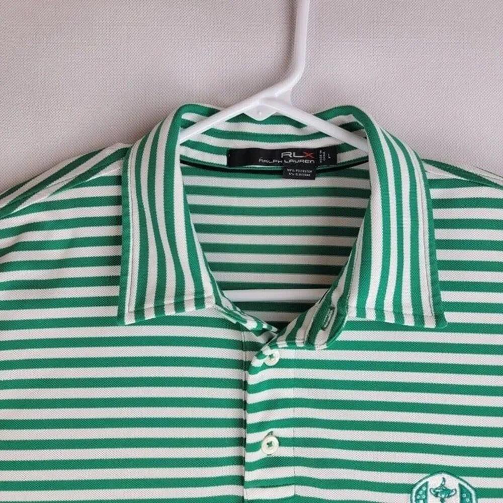 RLX Ralph Lauren Mens Size Large Green Golf Striped Ryder Cup 2012 Logo Polo